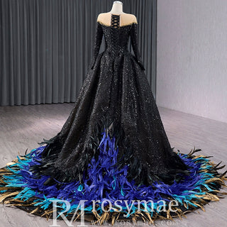 Black Sequin Wedding Gown Long Sleeve Quinceanera Dress with Feather - Rosymae