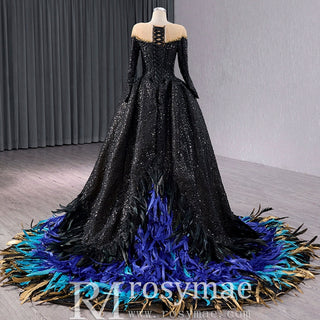 Black Sequin Wedding Gown Long Sleeve Quinceanera Dress with Feather - Rosymae
