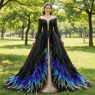 Black Sequin Wedding Gown Long Sleeve Quinceanera Dress with Feather - Rosymae