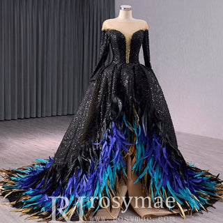 Black Sequin Wedding Gown Long Sleeve Quinceanera Dress with Feather - Rosymae
