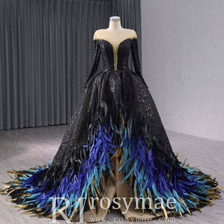 Black Sequin Wedding Gown Long Sleeve Quinceanera Dress with Feather - Rosymae