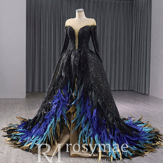 Black Sequin Wedding Gown Long Sleeve Quinceanera Dress with Feather - Rosymae
