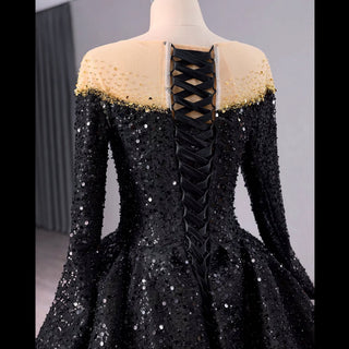 Black Sequin Wedding Gown Long Sleeve Quinceanera Dress with Feather - Rosymae