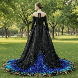 Black Sequin Wedding Gown Long Sleeve Quinceanera Dress with Feather - Rosymae