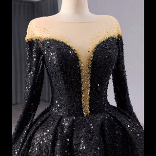 Black Sequin Wedding Gown Long Sleeve Quinceanera Dress with Feather - Rosymae