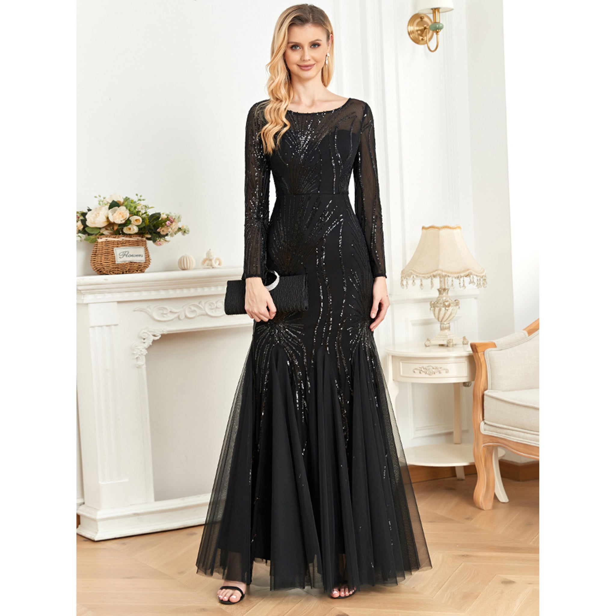 Sequins Long Sleeves Round Neck Slim Fit Mermaid Formal Evening Dress Hunter Green / 12 Sequins Long Sleeves Round Neck Slim Fit Mermaid Formal Evening Dress Hunter Green / 12