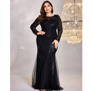 Black Sequins Long Sleeves Formal Evening Dress Plus Prom Dress - Rosymae