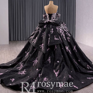 Black Shimmering Wedding Gown Off the Shoulder Quinceanera Dress - Rosymae