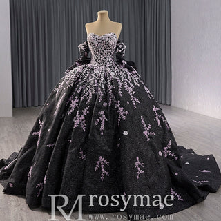 Black Shimmering Wedding Gown Off the Shoulder Quinceanera Dress - Rosymae