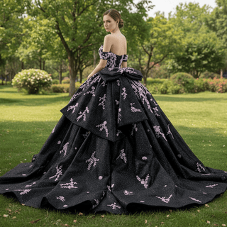 Black Shimmering Wedding Gown Off the Shoulder Quinceanera Dress - Rosymae