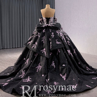 Black Shimmering Wedding Gown Off the Shoulder Quinceanera Dress - Rosymae