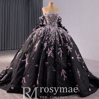 Black Shimmering Wedding Gown Off the Shoulder Quinceanera Dress - Rosymae