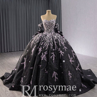Black Shimmering Wedding Gown Off the Shoulder Quinceanera Dress - Rosymae