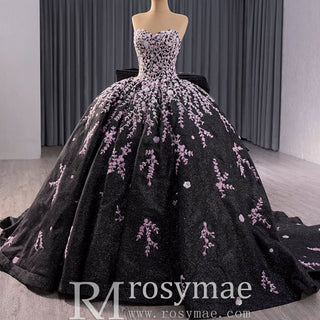 Black Shimmering Wedding Gown Off the Shoulder Quinceanera Dress - Rosymae
