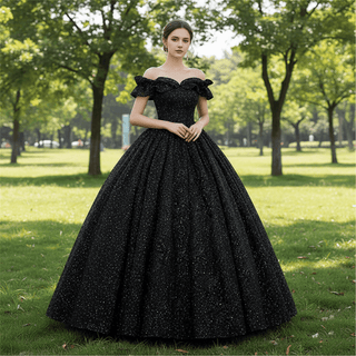 Black Sparky Off Shoulder Ball Gown Floor Length Party Dress In Wedding - Rosymae