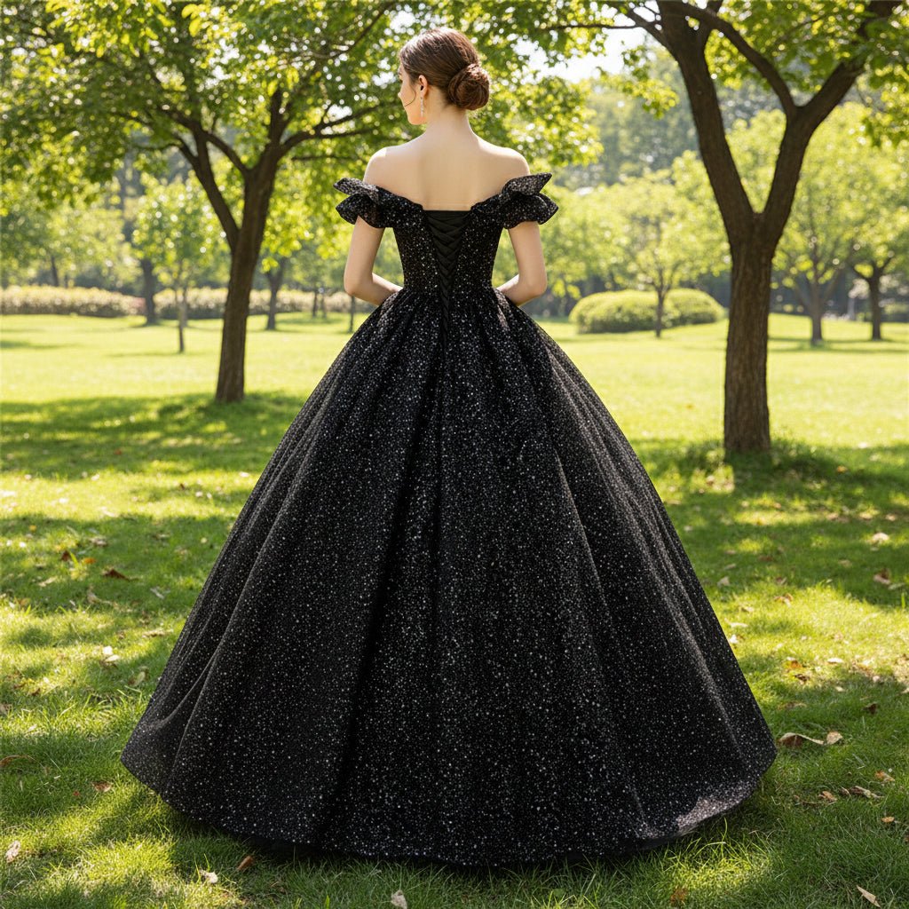 Black Sparky Off Shoulder Ball Gown Floor Length Party Dress In Wedding - Rosymae