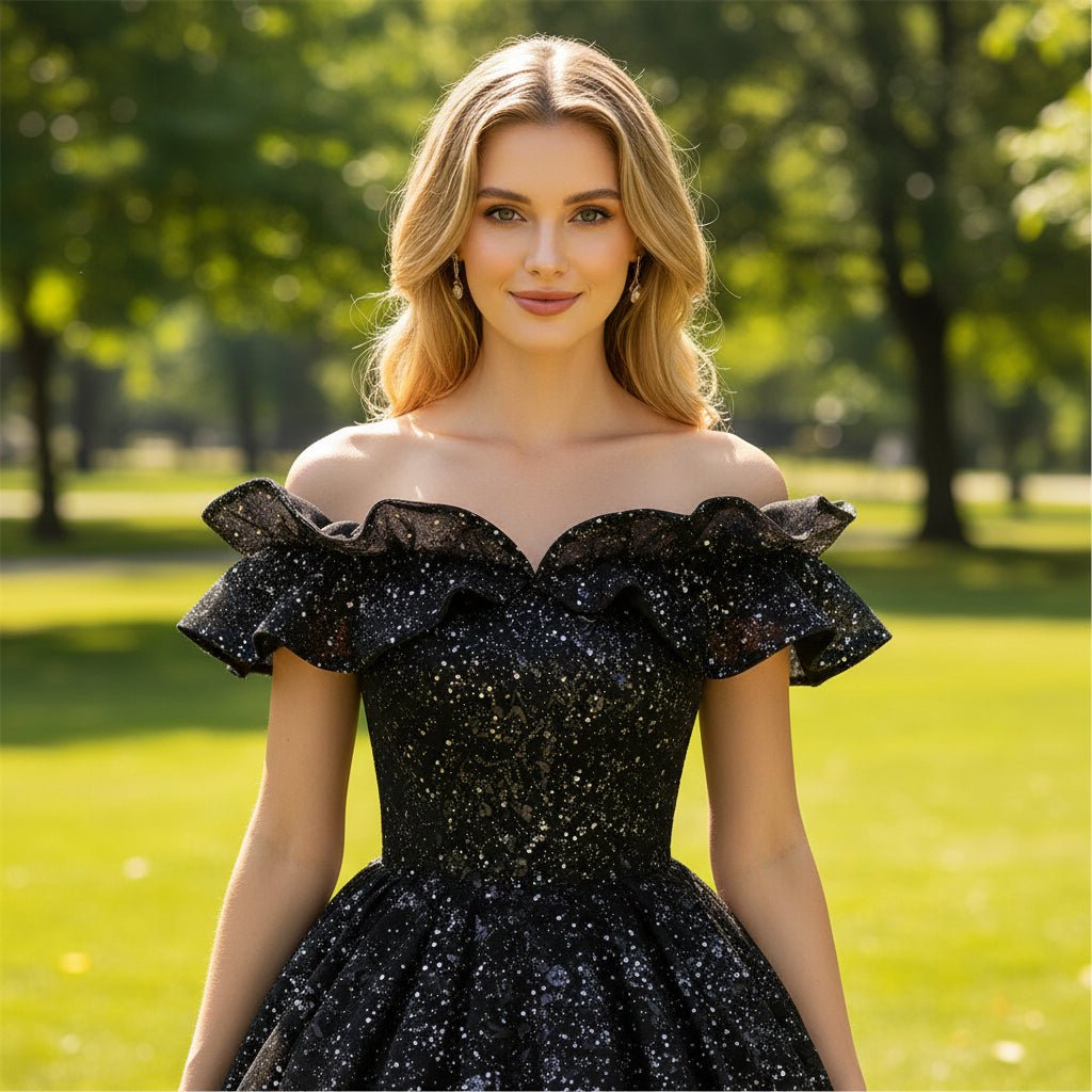 Black Sparky Off Shoulder Ball Gown Floor Length Party Dress In Wedding - Rosymae