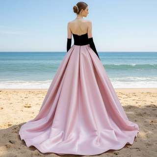 Strapless Black and Pink Wedding Dress with Bowknot