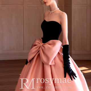 Strapless Black and Pink Wedding Dress with Bowknot