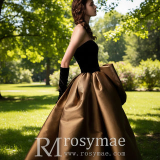 Black Velvet and Champagne Satin Long Prom Dress Formal Gown - Rosymae