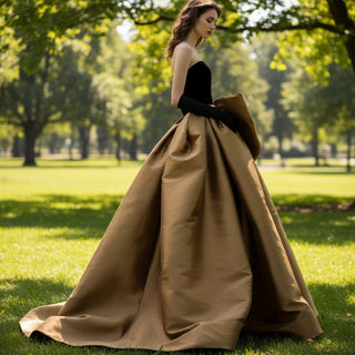 Black Velvet and Champagne Satin Long Prom Dress Formal Gown - Rosymae