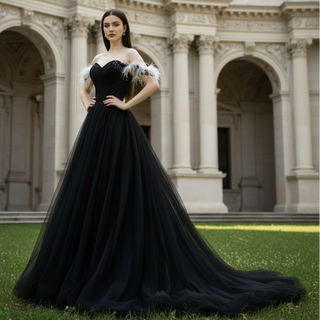 Charming V-neck Black Tulle Bridal Wedding Dress Off the Shoulder