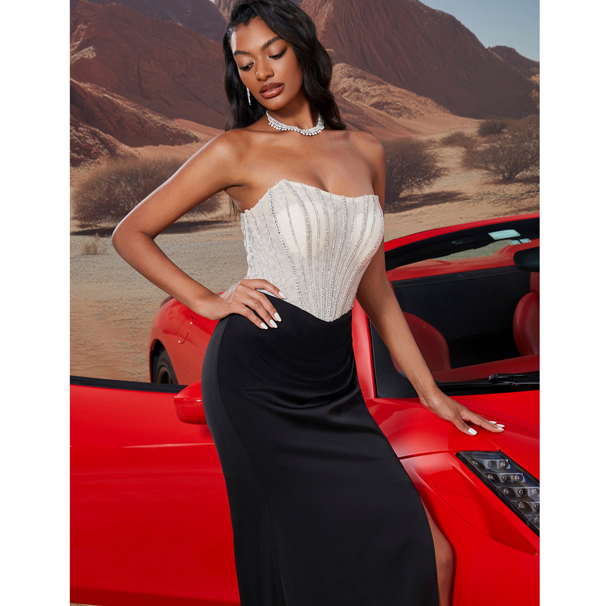 Black & Cream Boat Neck Split Maxi Dress Prom Gown with Corset Back Black / L Black & Cream Boat Neck Split Maxi Dress Prom Gown with Corset Back Black / L