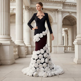 Handmade White 3D Floral Rose Mermaid Wedding Gown Formal Evening Dress