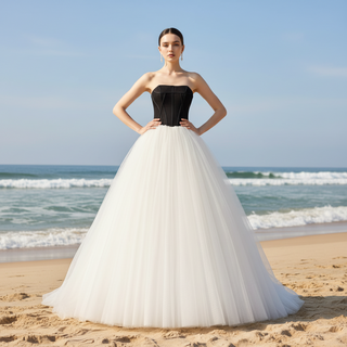 Tulle Black and White Wedding Dress with Strapless Curve Neck A-line
