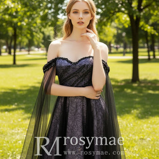 Black with Purple Evening Dress Party Gown with Boho Long Sleeve - Rosymae