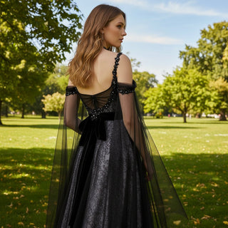 Black with Purple Evening Dress Party Gown with Boho Long Sleeve - Rosymae