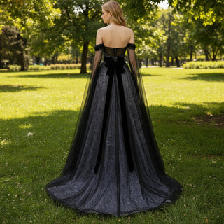 Black with Purple Evening Dress Party Gown with Boho Long Sleeve - Rosymae