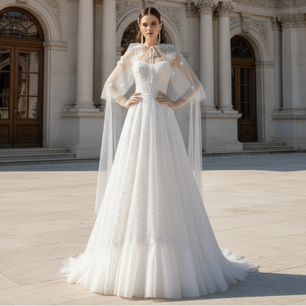 Bling Sequin Wedding Dress with Cape Hobo Bridal Gown - Rosymae