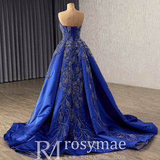 Blue Luxury Beaded Mermaid Formal Gown Wedding Dress with Overskirt - Rosymae