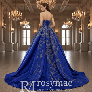 Blue Luxury Beaded Mermaid Formal Gown Wedding Dress with Overskirt - Rosymae