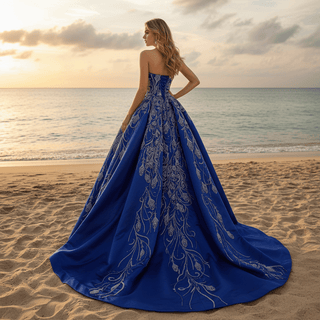 Blue Luxury Beaded Mermaid Formal Gown Wedding Dress with Overskirt - Rosymae