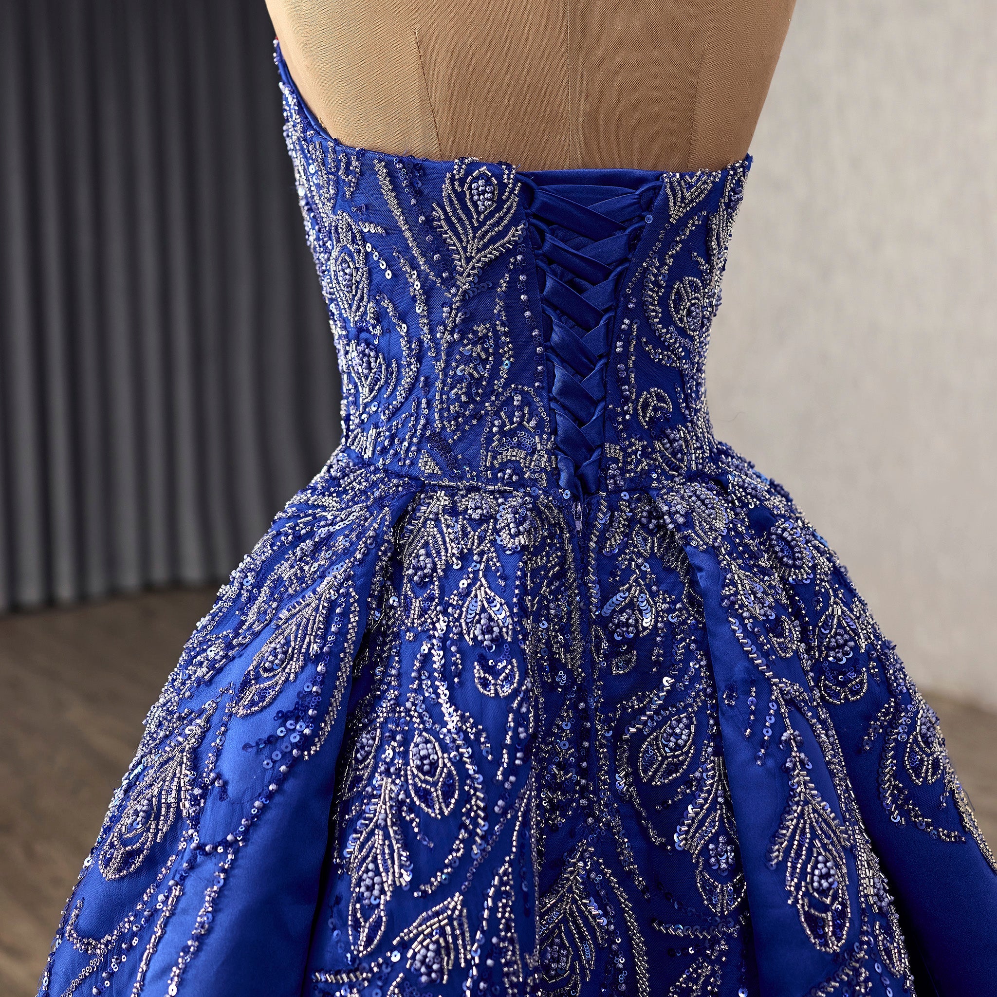 Blue Luxury Beaded Mermaid Formal Gown Wedding Dress with Overskirt - Rosymae