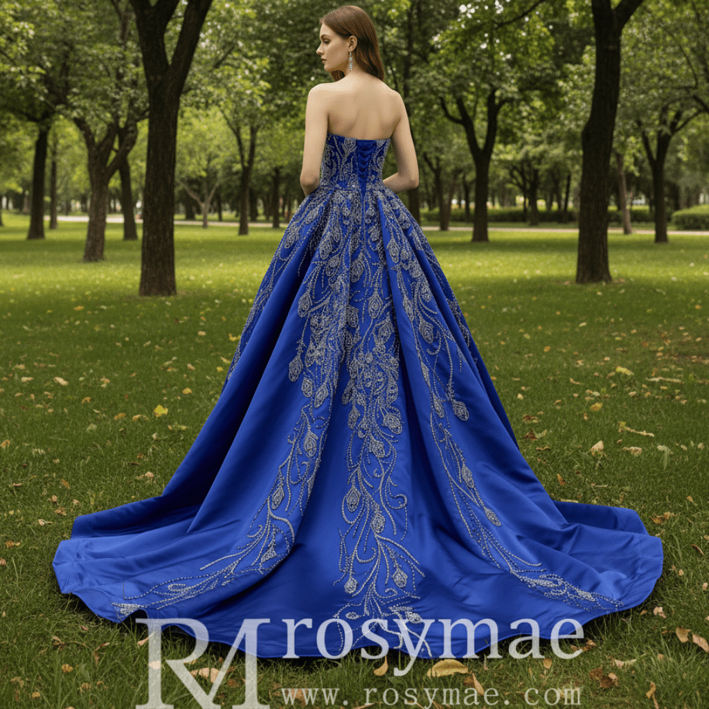 Blue Luxury Beaded Mermaid Formal Gown Wedding Dress with Overskirt - Rosymae