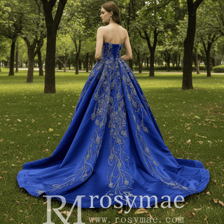 Blue Luxury Beaded Mermaid Formal Gown Wedding Dress with Overskirt - Rosymae
