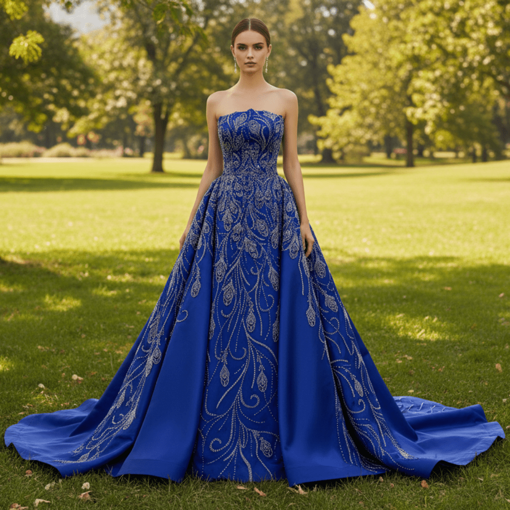 Blue Luxury Beaded Mermaid Formal Gown Wedding Dress with Overskirt - Rosymae
