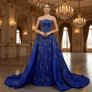 Blue Luxury Beaded Mermaid Formal Gown Wedding Dress with Overskirt - Rosymae