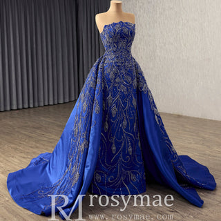 Blue Luxury Beaded Mermaid Formal Gown Wedding Dress with Overskirt - Rosymae