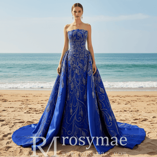 Blue Luxury Beaded Mermaid Formal Gown Wedding Dress with Overskirt - Rosymae