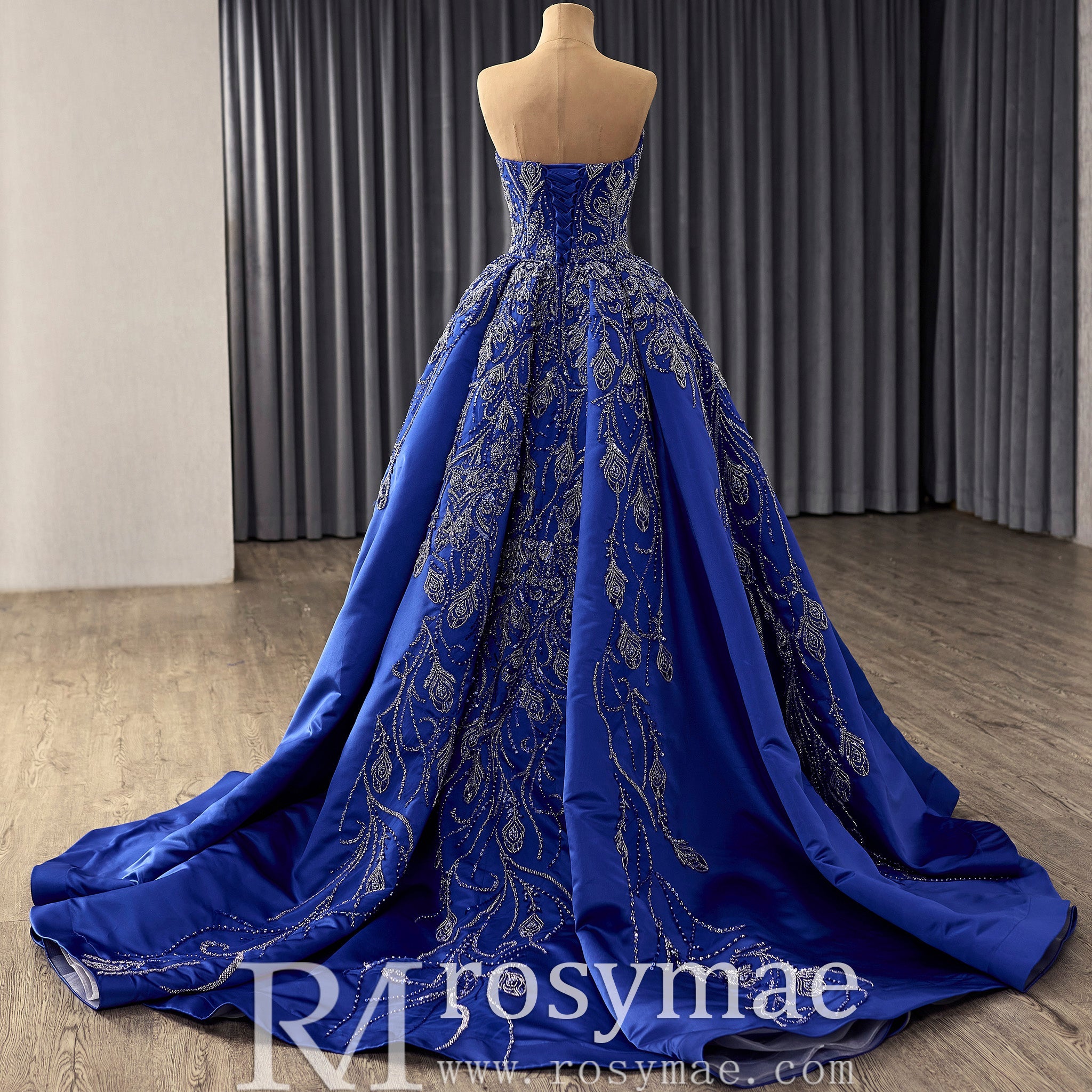 Blue Luxury Beaded Mermaid Formal Gown Wedding Dress with Overskirt - Rosymae