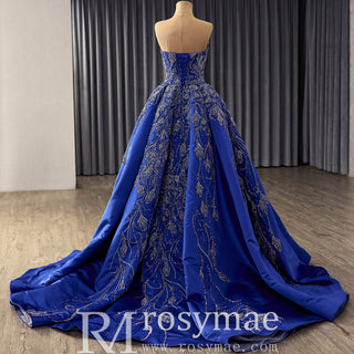 Blue Luxury Beaded Mermaid Formal Gown Wedding Dress with Overskirt - Rosymae