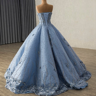 Blue Quinceañera Dress with 3D Floral and Pearl Appliqués Voluminous Skirt - Rosymae