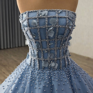 Blue Quinceañera Dress with 3D Floral and Pearl Appliqués Voluminous Skirt - Rosymae