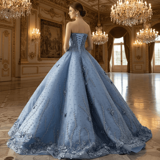 Blue Quinceañera Dress with 3D Floral and Pearl Appliqués Voluminous Skirt - Rosymae