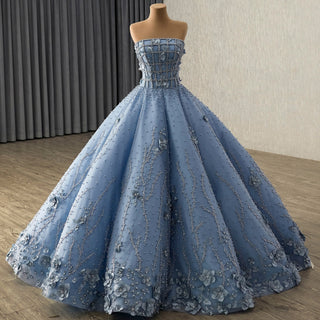 Blue Quinceañera Dress with 3D Floral and Pearl Appliqués Voluminous Skirt - Rosymae