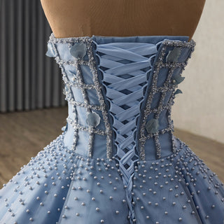 Blue Quinceañera Dress with 3D Floral and Pearl Appliqués Voluminous Skirt - Rosymae